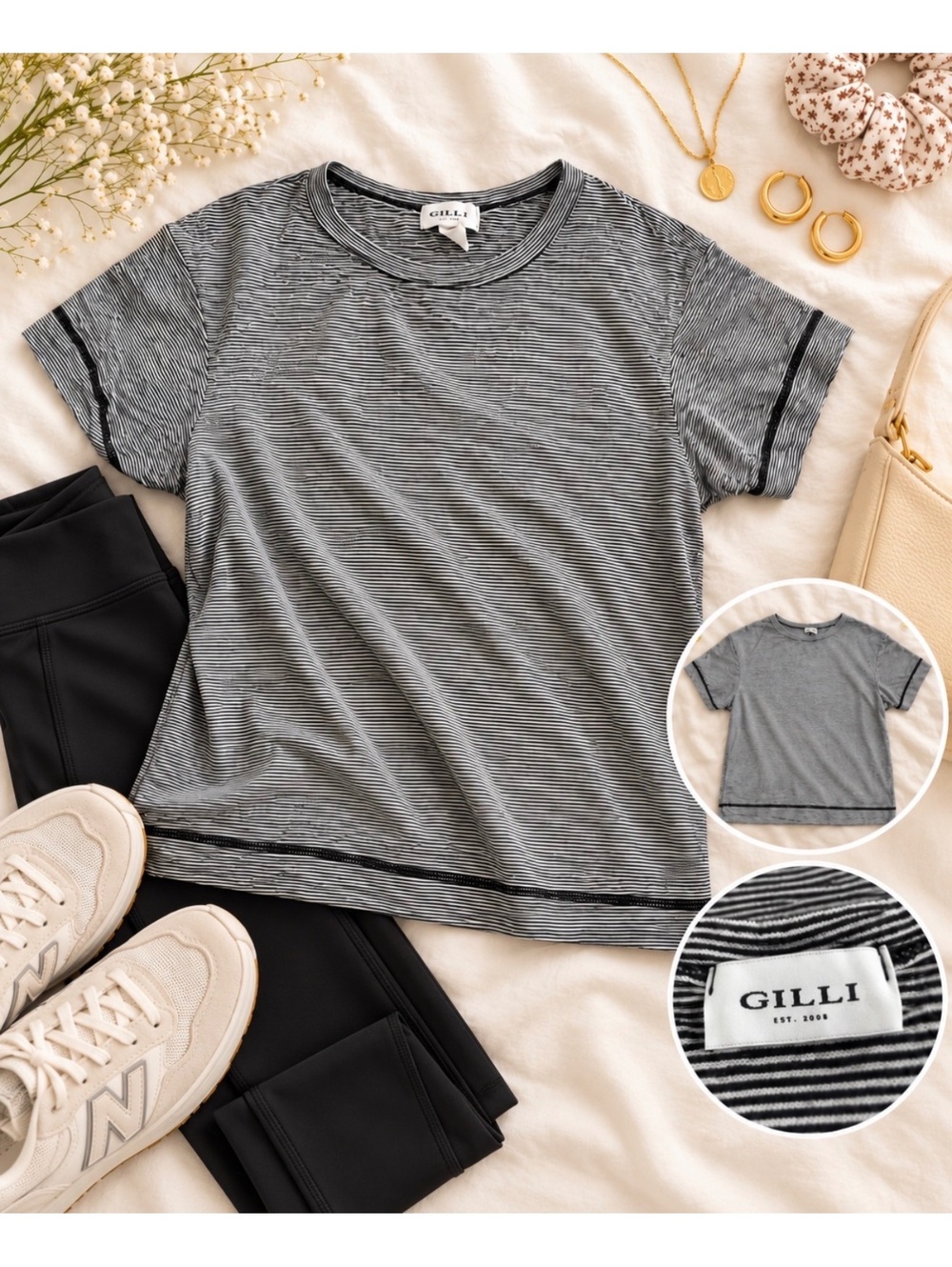 GILLI Black & White Micro Stripe Short Sleeve Boxy Tee Size Small